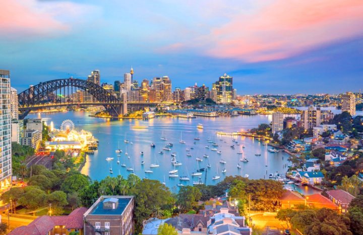 Iconic Sydney harbour at sunset