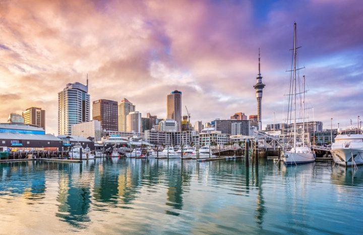 Auckland waterfront reflections at sunset.