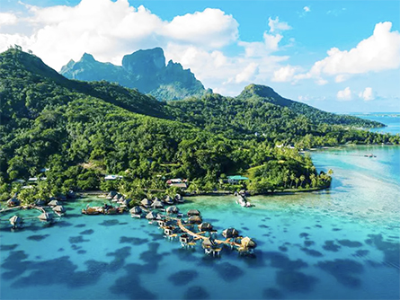 Bora Bora, much loved location in French Polynesia renowned for overwater bungalows.